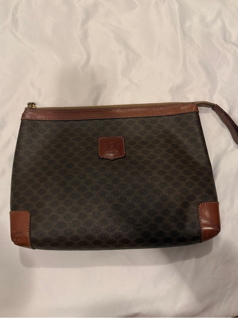 Celine Brown Monogram Toiletry Pouch with Cognac Leather Trim